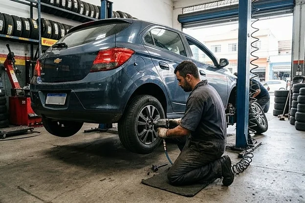Mecânico fazendo rodízio de pneus com ferramentas apropriadas.