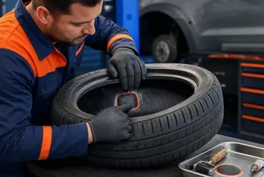 Mecânico realizando o conserto de pneus com ferramentas adequadas.