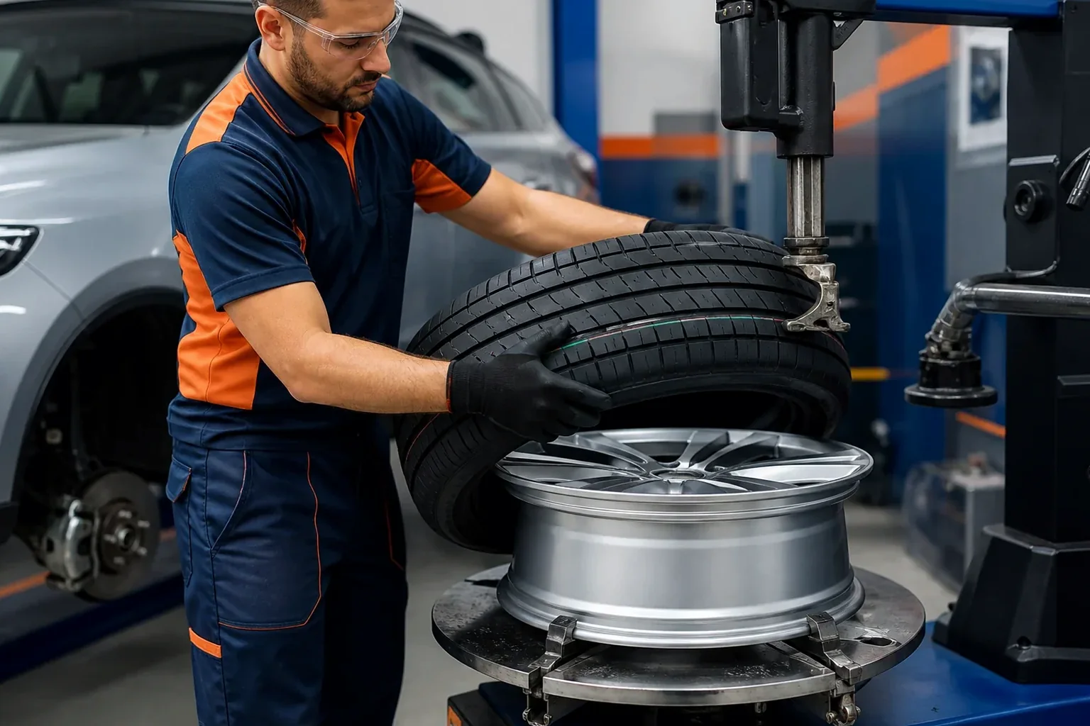 Profissional realizando a troca de pneus de um carro com as ferramentas apropriadas.