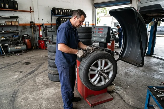 Técnico equilibrando rodas de um carro com equipamento apropriado.